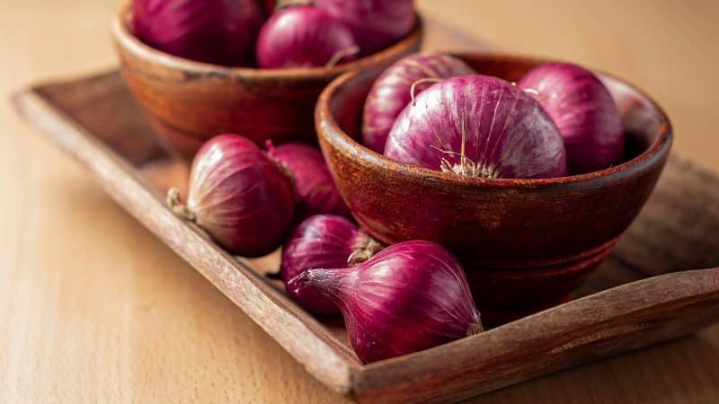 oignons rouges dans des bols