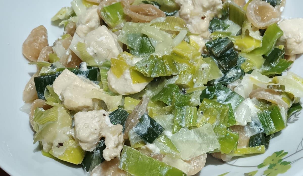 assiette avec des poireaux, des pâtes et du poulet